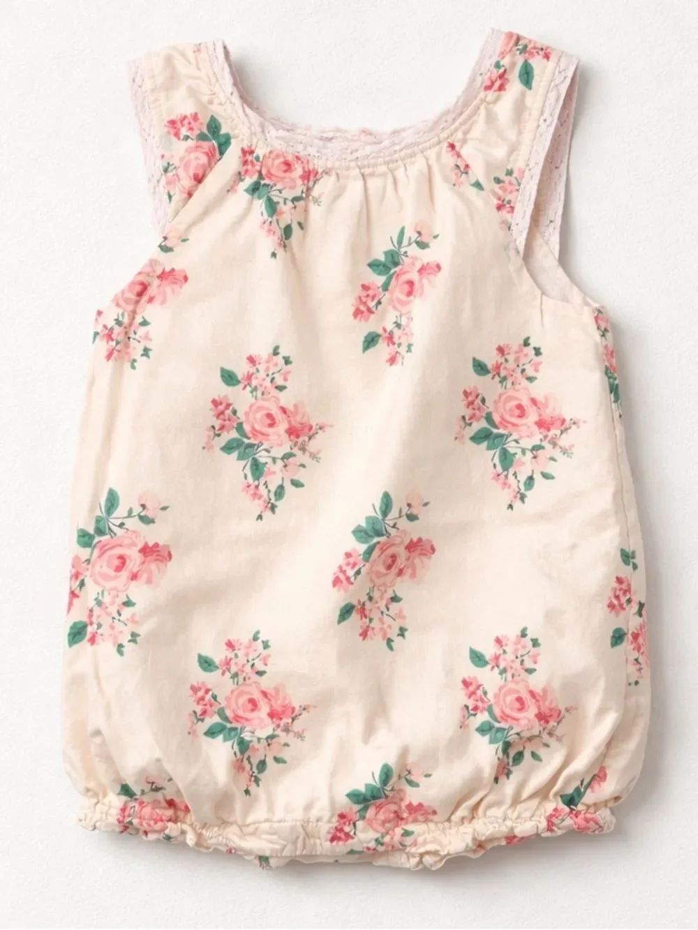 Janie and Jack pink lace trimmed rose print bubble romper size 6 - 12 months